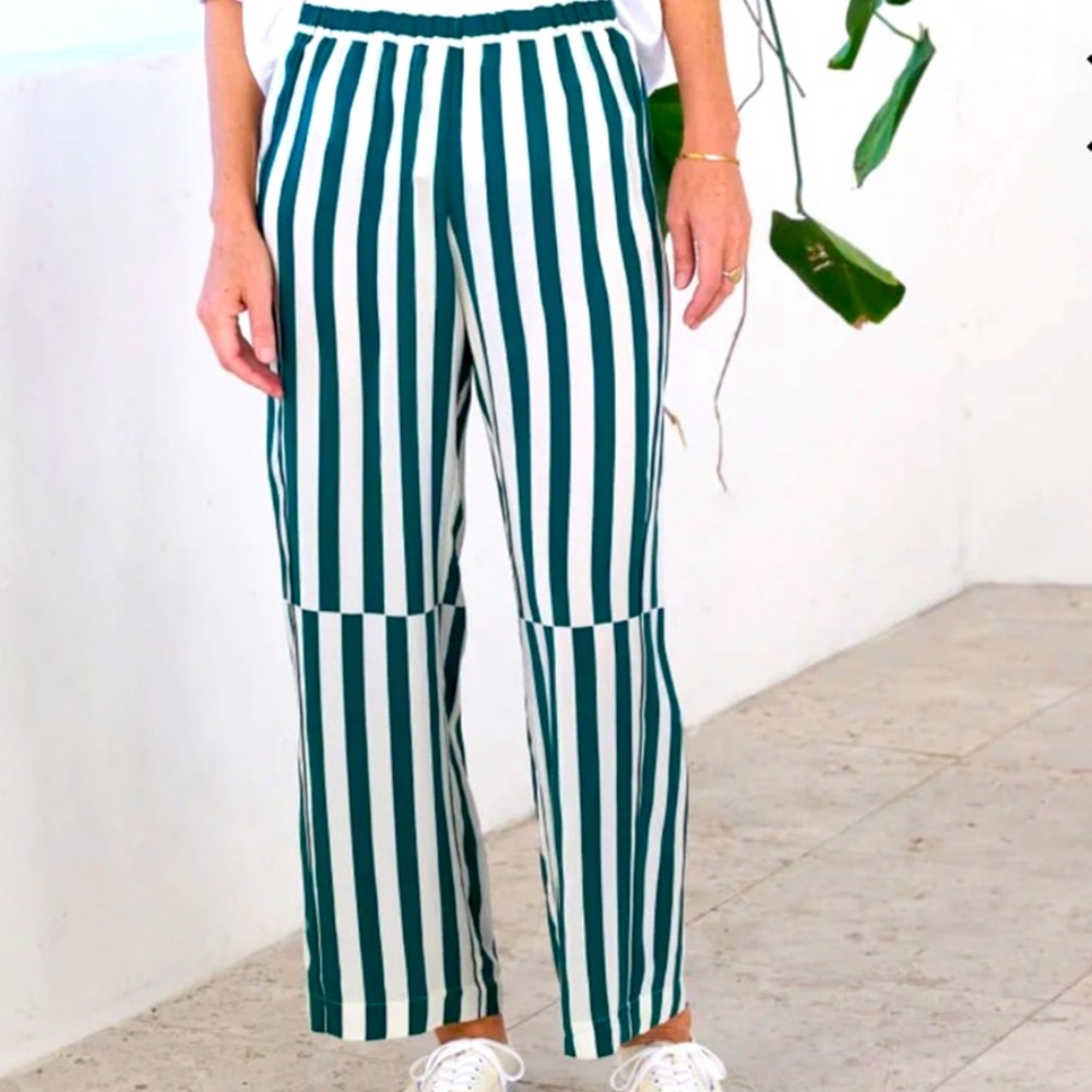 AYR The Flow State Silk Pants in Green/Teal & White Stripes